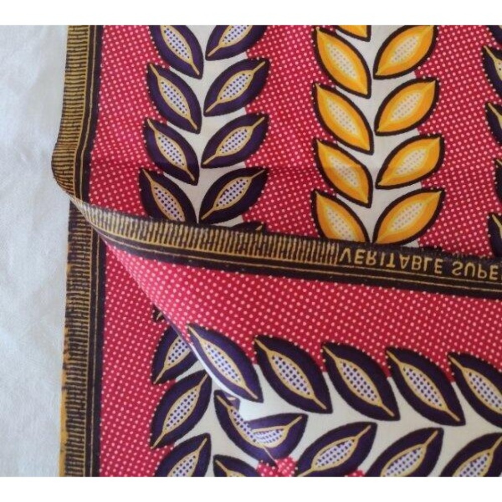 Vintage Veritable Super Java Block Print Fabric Red Yellow Retro African Cotton - Picture 2 of 4